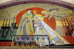  MOSAIC OF THERESE'S FIRST COMMUNION, CRYPT IN THE SAINTE-THERESE OF LISIEUX BASILICA BUILT IN 1929 IN HONOR OF SAINTE-THERESE OF THE CHILD JESUS CANONIZED IN 1925, ROMAN-BYZANTINE STYLE, LISIEUX, PAYS D'AUGE, CALVADOS,  NORMANDY, FRANCE