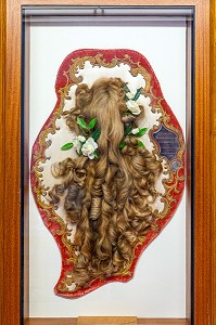  SAINTE-THERESE'S HAIR IN HER CHILDHOOD BEDROOM, BUISSONNETS HOUSE, SAINTE-THERESE OF THE CHILD JESUS (1873-1897) CANONIZED IN 1925, LISIEUX, PAYS D'AUGE, CALVADOS, NORMANDY, FRANCE