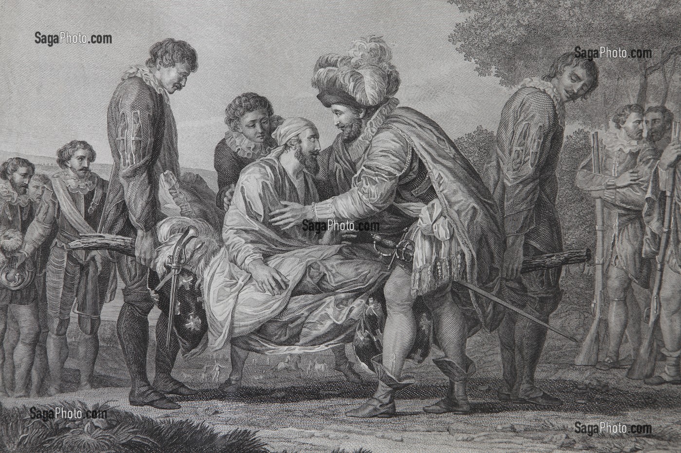 DETAIL DE LA GRAVURE REPRESENTANT LE ROI HENRI IV AUPRES DU DUC DE SULLY BLESSE A LA BATAILLE D'IVRY EN 1590, COLLECTION DU CHATEAU DE VILLEBON, EURE-ET-LOIR (28), FRANCE 
