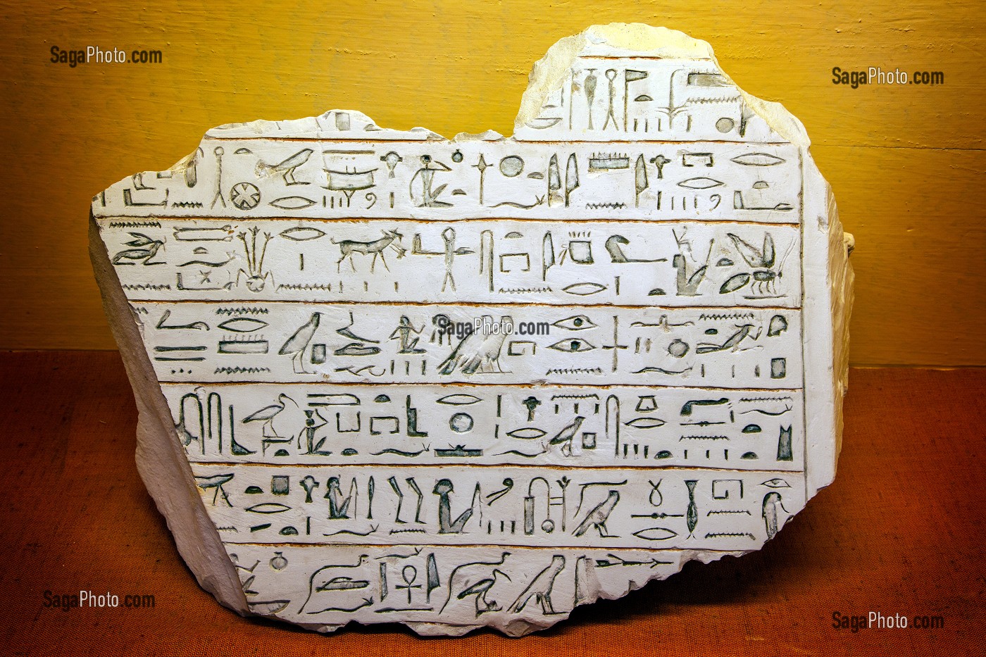 HIEROGLYPHES GRAVES SUR UNE PIERRE, ECRITURE EGYPTIENNE, SALLE CONSACREE A L'ART EGYPTIEN, MUSEE DES BEAUX-ARTS ET D'HISTOIRE NATURELLE DE CHATEAUDUN, EURE-ET-LOIR (28), FRANCE 
