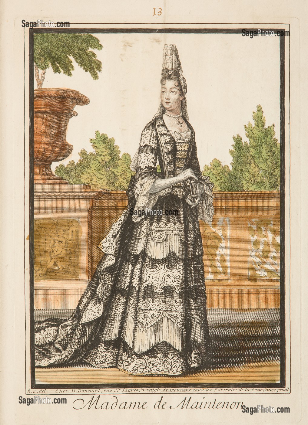 MADAME LA MARQUISE DE MAINTENON (1635-1719), NEE FRANCOISE D'AUBIGNE, GRAVURE EXPOSEE DANS LE COULOIR DES APPARTEMENTS DE MADAME DE MAINTENON, CHATEAU DE MAINTENON, EURE-ET-LOIR (28), FRANCE 