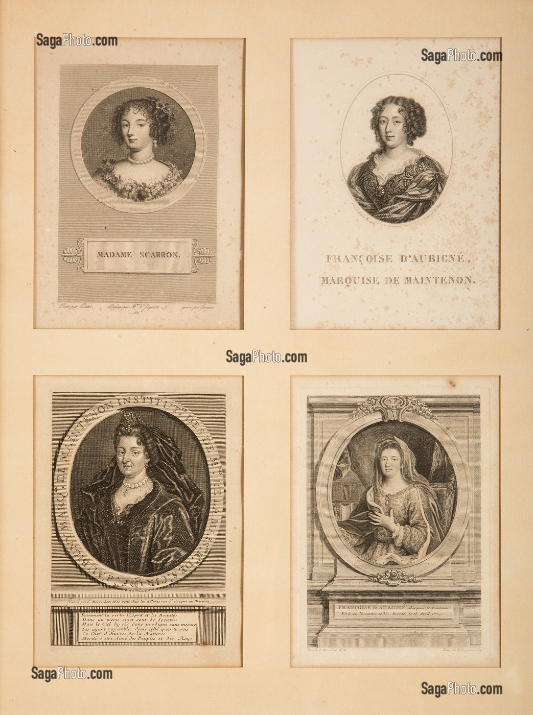 EVOLUTION DE FRANCOISE D'AUBIGNE (1635-1719), FUTURE MADAME DE MAINTENON, GRAVURE EXPOSEE DANS LE COULOIR MENANT AUX APPARTEMENTS DU MARECHAL, CHATEAU DE MAINTENON, EURE-ET-LOIR (28), FRANCE 