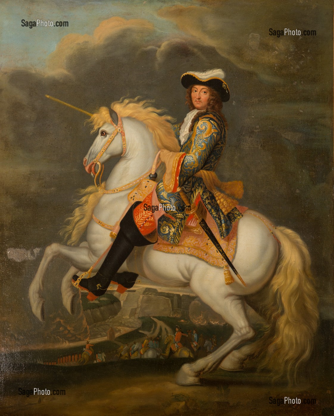 LOUIS XIV (1638-1715), ROI DE FRANCE, A CHEVAL, AU COURS DU SIEGE DE BESANCON, TABLEAU DE L'ATELIER DE RENE-ANTOINE HOUASSE (1645-1710), CHAMBRE DE MADAME DE MAINTENON, CHATEAU DE MAINTENON, EURE-ET-LOIR (28), FRANCE 