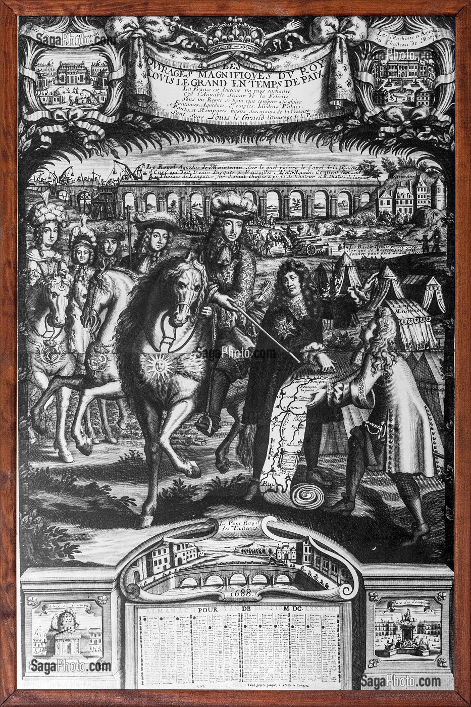 ALMANACH DE 1688 REPRESENTANT LE ROI LOUIS XIV DEVANT LE CHANTIER DE L'AQUEDUC ROYAL DE MAINTENON QUI DOIT  ALIMENTER EN EAU LES FONTAINES DE VERSAILLES, CHATEAU DE MAINTENON, EURE-ET-LOIR (28), FRANCE 