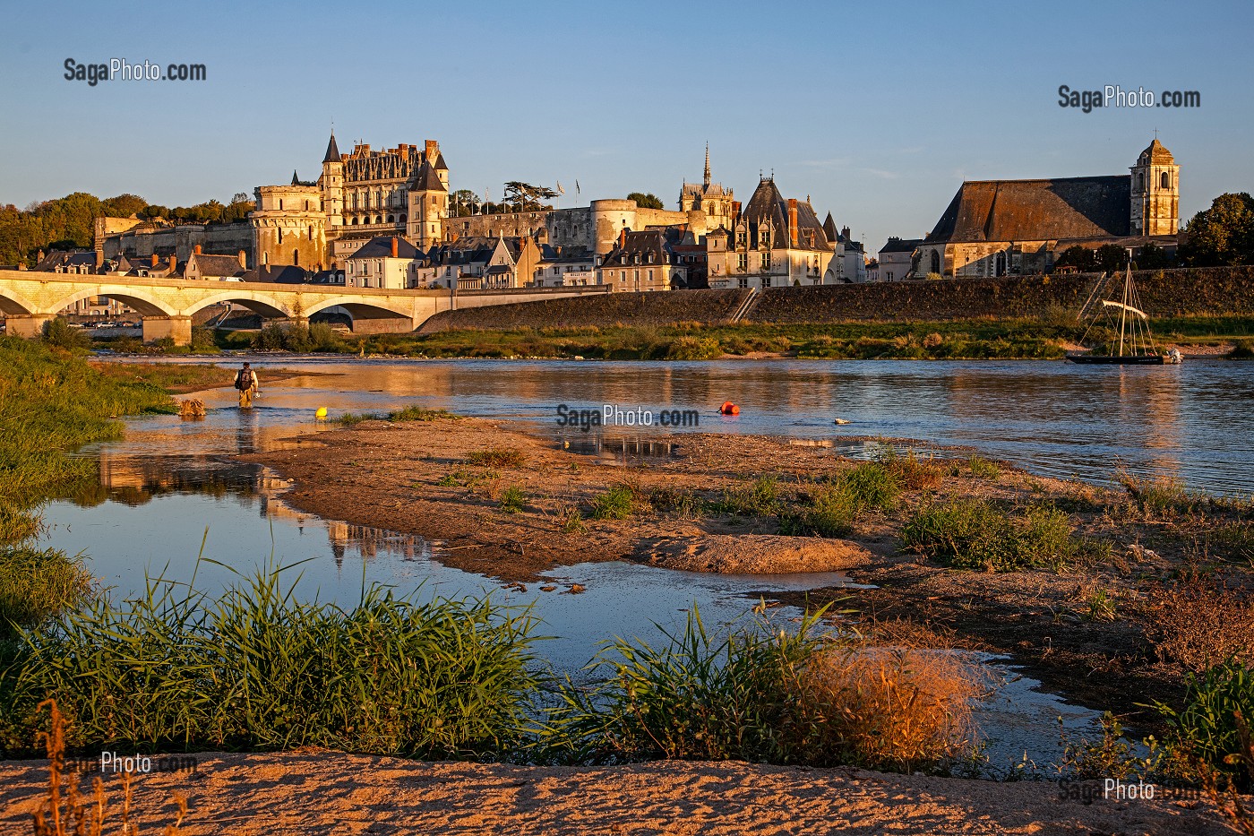 BORDS DE LA LOIRE DEPUIS L'ILE DE LA CROIX SAINT-JEAN, VUE SUR L'EGLISE SAINT-FLORENTIN, LE CHATEAU ROYAL ET LA VILLE D'AMBOISE, INDRE-ET-LOIRE (37), FRANCE 