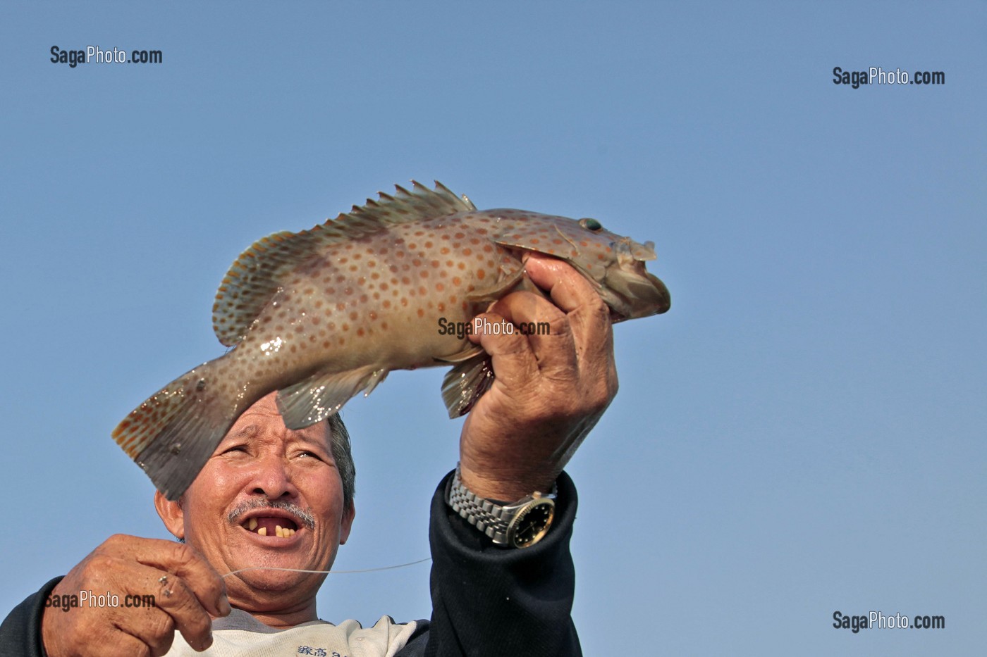 PECHEUR TENANT UN MEROU, PECHE EN MER, REGION DE BAN SAPHAN, THAILANDE 