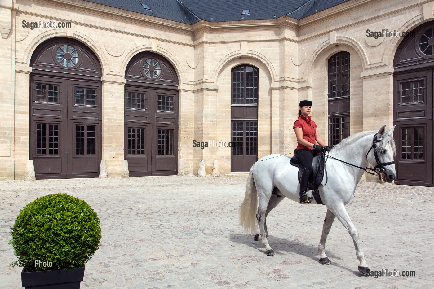  HORSE AND ITS RIDER IN SHOW DRESS IN THE CHENILS COURTYARD, PERFORMANCE SHOWING THE ART OF DRESSAGE, THE NEW HORSE MUSEUM OPENED IN 2013 IN THE BIG STABLES ON THE ESTATE OF THE CHATEAU DE CHANTILLY, OISE (60), FRANCE