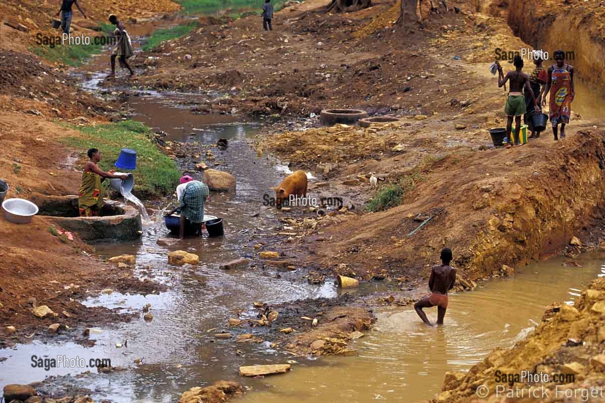  WOMEN WASH THEIR LAUNDRY AT THE WELL, CHILDREN AND PIGS SHARE THE WATER FROM THE STREAMS, IN BURKINA FASO WATER IS SCARCE AND PRECIOUS, BOBO-DIOULASSO, BURKINA FASO