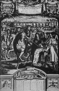 LOUIS XIV (1638-1715), ROI DE FRANCE, CONSULTANT LE PROJET DE L'AQUEDUC AVEC SON ARCHITECTE, GRAVURE REPRESENTANT LES OUVRAGES MAGNIFIQUES DU ROY LOUIS LE GRAND EN TEMPS DE PAIX, PIECE DE SAXE, CHATEAU DE MAINTENON, EURE-ET-LOIR (28), FRANCE 