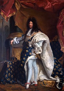 PORTRAIT DE LOUIS XIV (1638-1715), ROI DE FRANCE, EN COSTUME DE SACRE, CADRE AUX ARMES DE FRANCE ET DE NAVARRE, PEINTURE DE 1867 D'APRES HYACINTHE RIGAUD, SALON DU ROI, CHATEAU DE MAINTENON, EURE-ET-LOIR (28), FRANCE 
