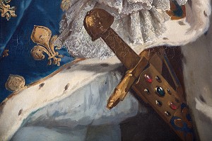 DETAIL DE L'EPEE ‘ICI JOYEUSE’ RAPPELANT QUE LE ROI EST LE CHEF DES ARMEES, PORTRAIT DE LOUIS XIV (1638-1715), ROI DE FRANCE, EN COSTUME DE SACRE, SALON DU ROI, CHATEAU DE MAINTENON, EURE-ET-LOIR (28), FRANCE 