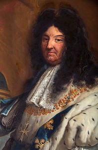 DETAIL DU VISAGE AVEC LE COLLIER DE LA GRANDE CROIX DE L'ORDRE DU SAINT-ESPRIT, PORTRAIT DE LOUIS XIV (1638-1715), ROI DE FRANCE, EN COSTUME DE SACRE, SALON DU ROI, CHATEAU DE MAINTENON, EURE-ET-LOIR (28), FRANCE 