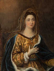 MADAME LA MARQUISE DE MAINTENON (1635-1719), NEE FRANCOISE D'AUBIGNE, REPRESENTEE EN SAINTE FRANCOISE ROMAINE, GRAVURE EXPOSEE DANS LE COULOIR DE LA SALLE A MANGER, PARCOURS NON VISITABLE, CHATEAU DE MAINTENON, EURE-ET-LOIR (28), FRANCE 