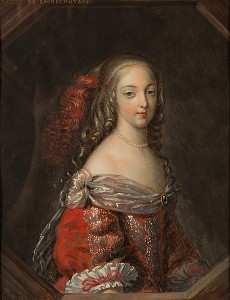 MADAME LA MARQUISE DE MONTESPAN  (1640-1707), NEE FRANCOISE ATHENAIS DE ROCHECHOUART DE MORTEMART, FAVORITE DU ROI LOUIS XIV, GRAVURE EXPOSEE DANS LE COULOIR DE LA SALLE A MANGER, PARCOURS NON VISITABLE, CHATEAU DE MAINTENON, EURE-ET-LOIR (28), FRANCE 