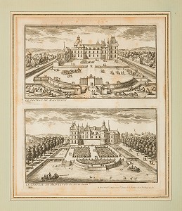 VUES DE LA COUR D'HONNEUR ET DES JARDINS DU CHATEAU DE MAINTENON (1604-1677), GRAVURE DE GABRIEL PERELLE, CHAMBRE DU MARECHAL, CHATEAU DE MAINTENON, EURE-ET-LOIR (28), FRANCE 