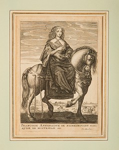 MADAME LA MARQUISE DE MONTESPAN  (1640-1707), NEE FRANCOISE ATHENAIS DE ROCHECHOUART DE MORTEMART, FAVORITE DU ROI LOUIS XIV, A CHEVAL, GRAVURE EXPOSEE DANS LA CHAMBRE DU MARECHAL, CHATEAU DE MAINTENON, EURE-ET-LOIR (28), FRANCE 