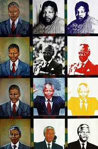 PORTRAITS DE NELSON MANDELA A L'ENTREE DE L'APARTHEID MUSEUM, MUSEE DE L'APARTHEID, JO'BURG, JOHANNESBURG, ETAT DU GAUTENG, AFRIQUE DU SUD 