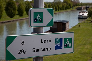 PANNEAU DE LA LOIRE A VELO, CANAL LATERAL DE LA LOIRE, BELLEVILLE-SUR-LOIRE, CHER (18), FRANCE 