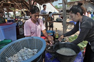FEMMES PREPARANT LES POISSONS, REGION DE BANG SAPHAN, THAILANDE 